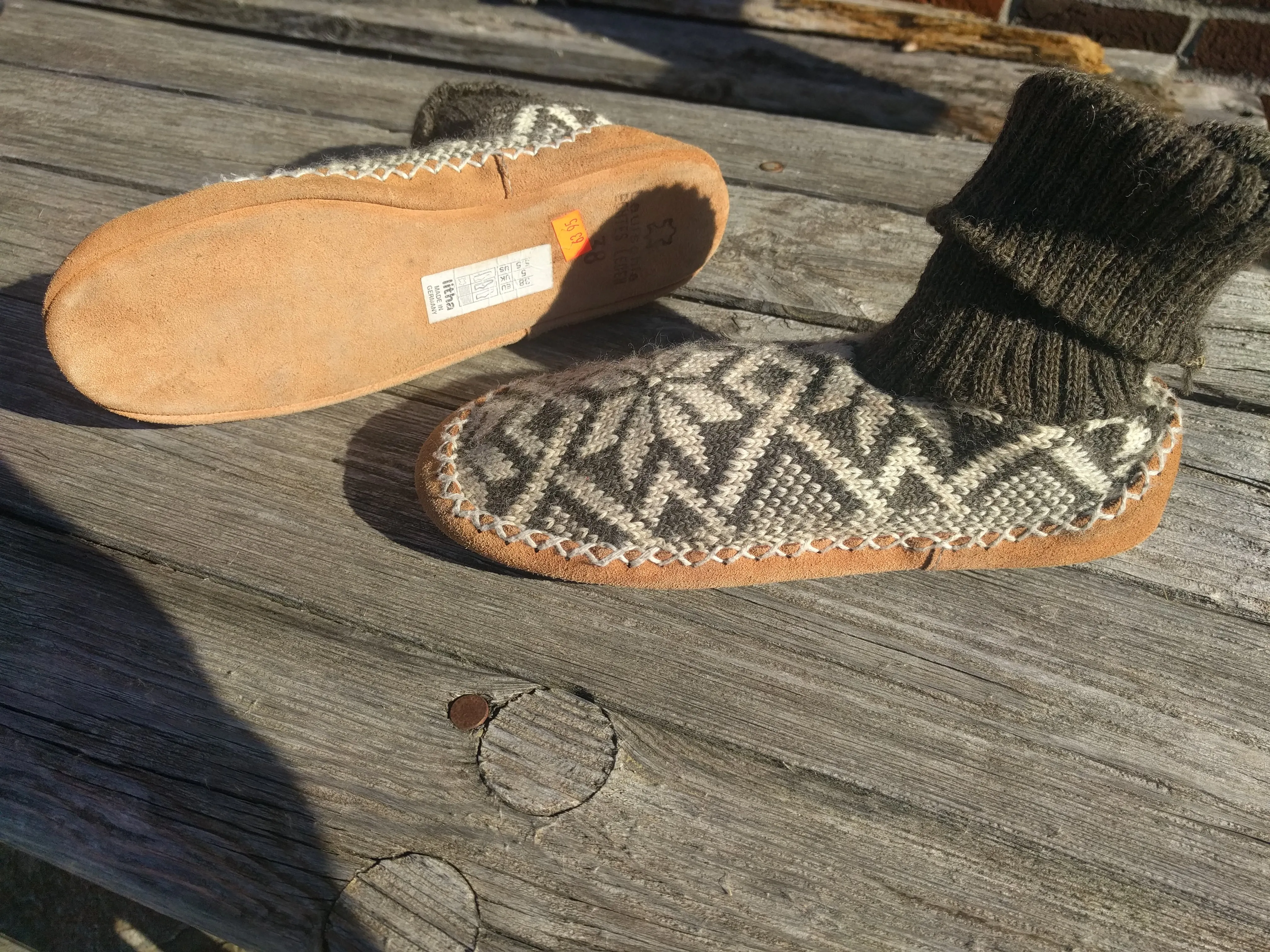 100 Biolana Knitted Wool Slippers Huettenschuhe with Leather Sole House Shoes