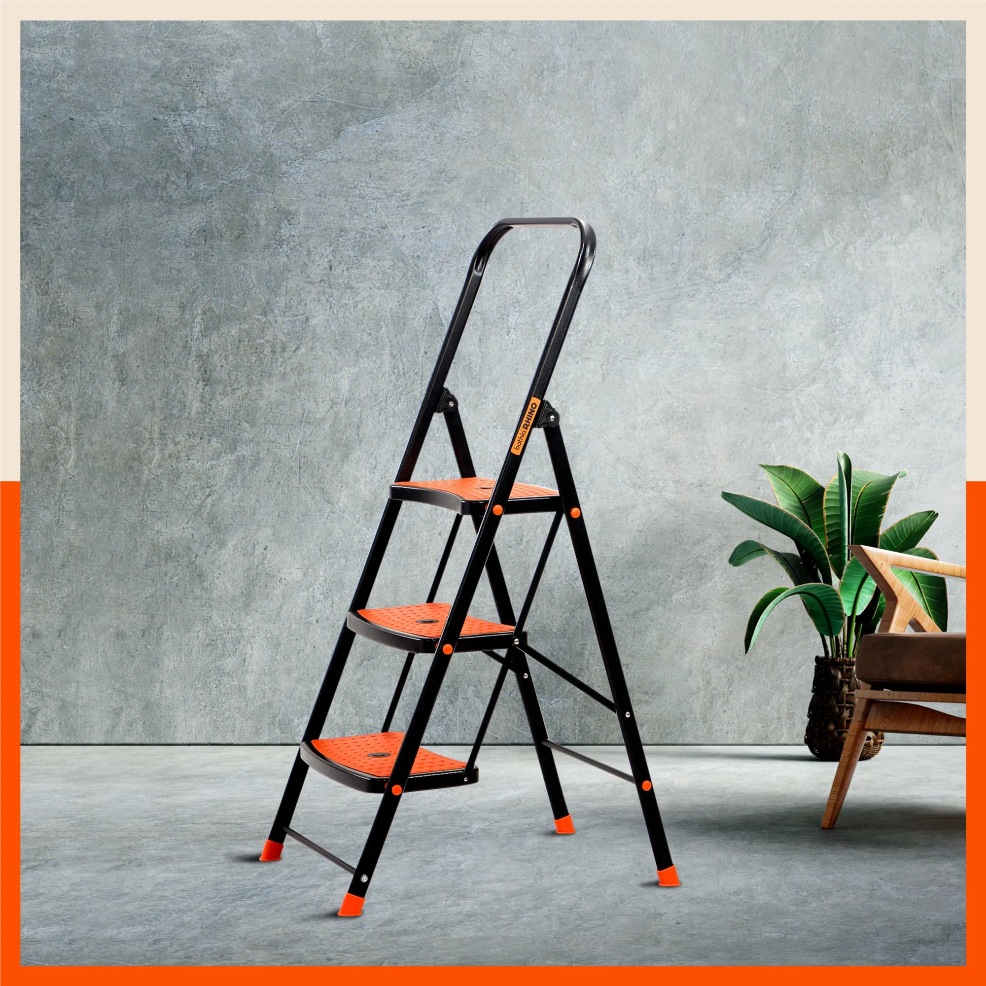 Bathla Boost Rhino 3 - Step Foldable Steel Ladder for Home (Black   Orange)