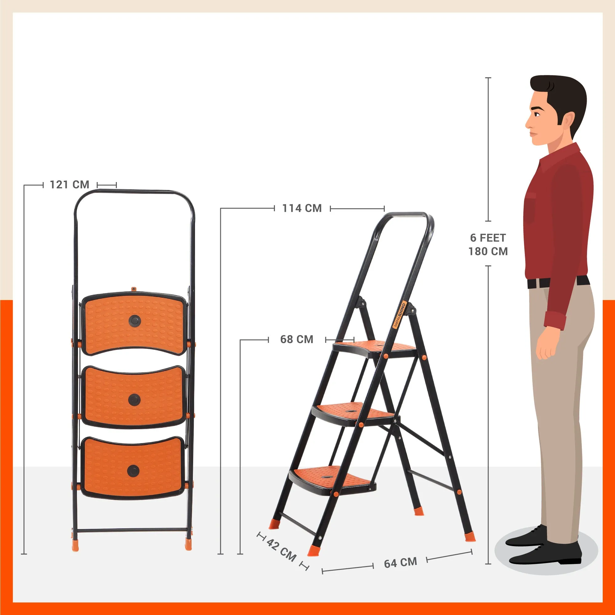 Bathla Boost Rhino 3 - Step Foldable Steel Ladder for Home (Black   Orange)