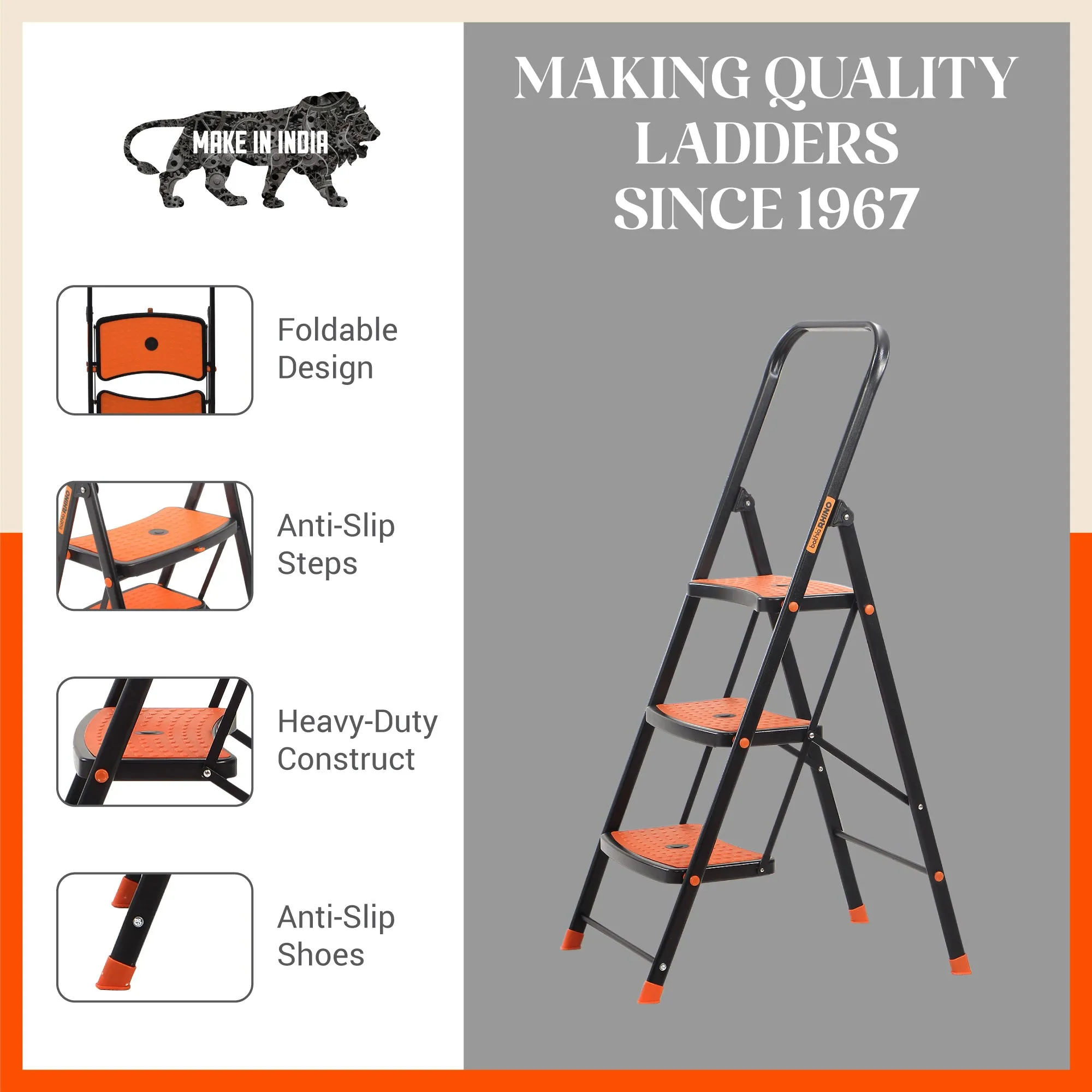 Bathla Boost Rhino 3 - Step Foldable Steel Ladder for Home (Black   Orange)