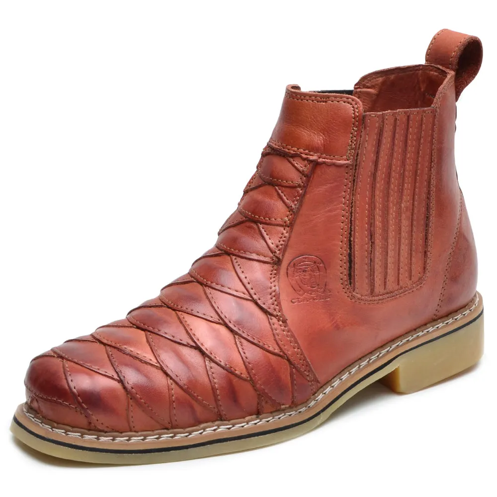 Cowboy Boots Ankle Light Brown Leather Scaled Round Toe