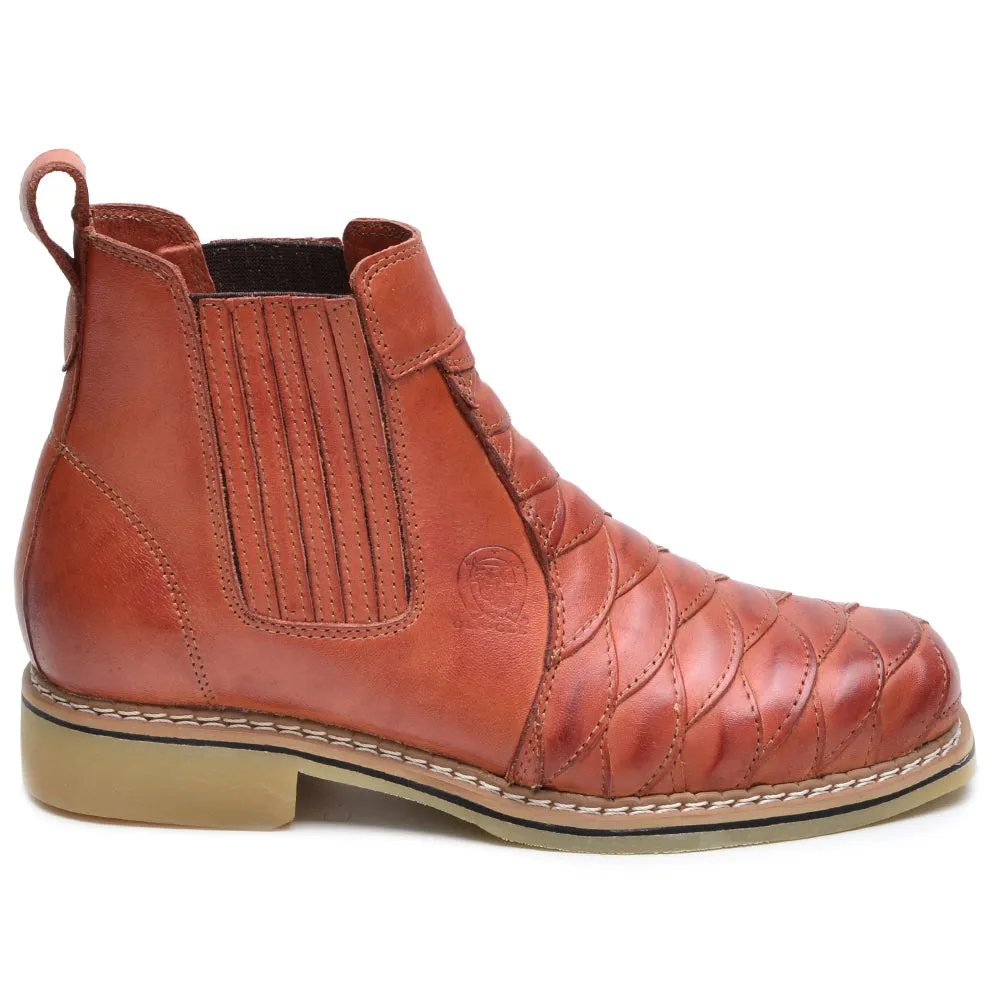 Cowboy Boots Ankle Light Brown Leather Scaled Round Toe