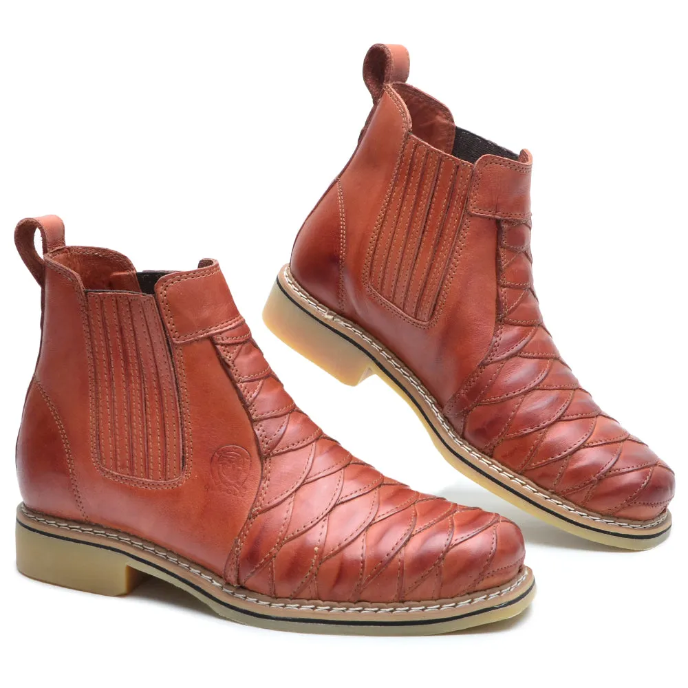 Cowboy Boots Ankle Light Brown Leather Scaled Round Toe