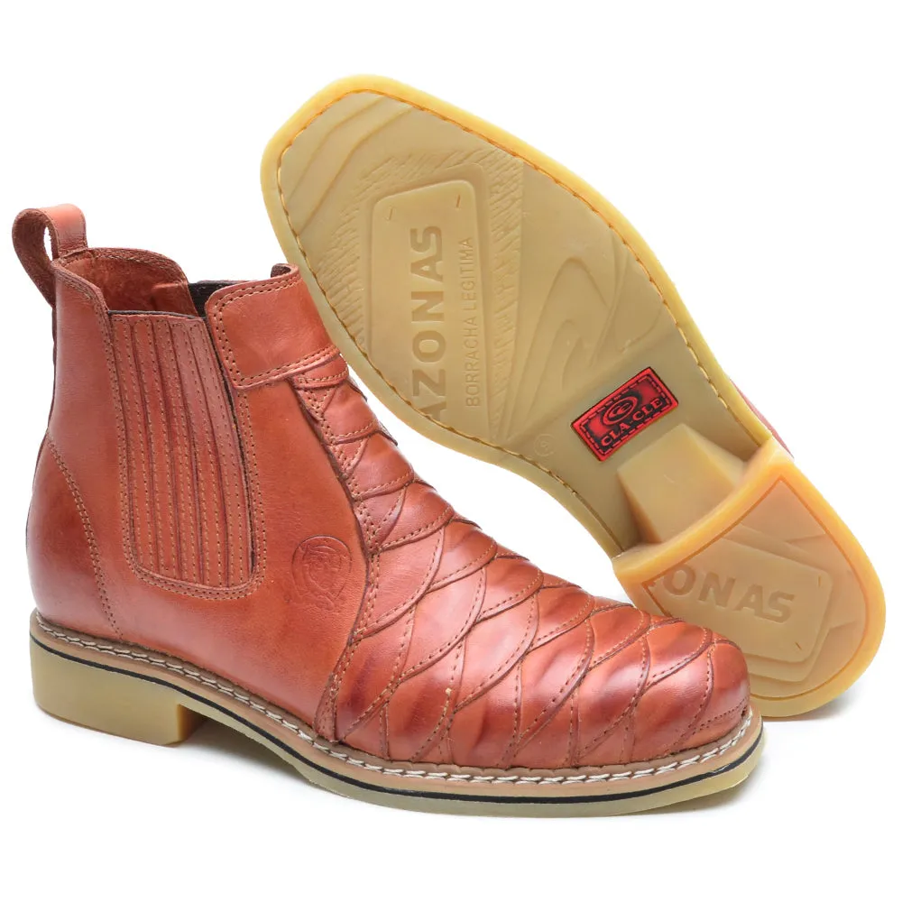 Cowboy Boots Ankle Light Brown Leather Scaled Round Toe
