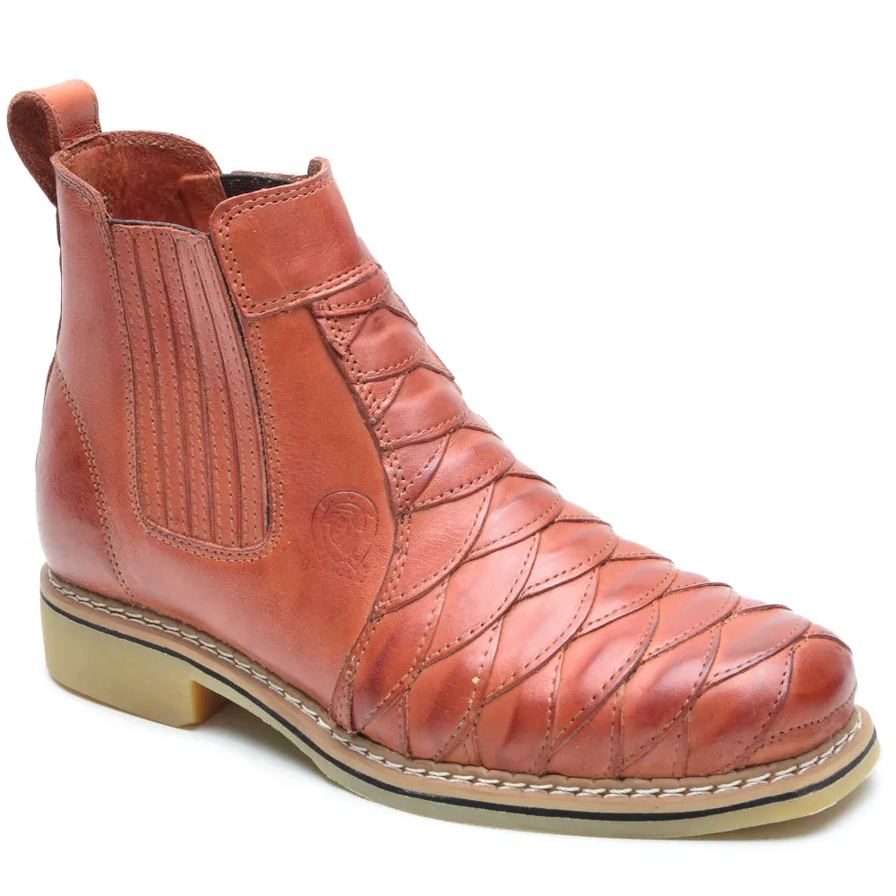Cowboy Boots Ankle Light Brown Leather Scaled Round Toe
