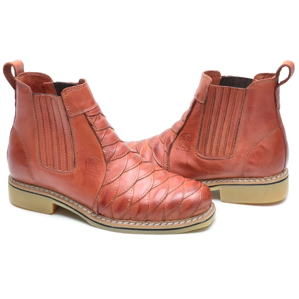 Cowboy Boots Ankle Light Brown Leather Scaled Round Toe