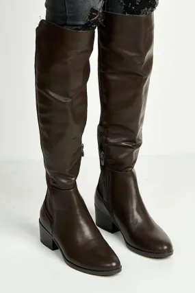 Lira Elastic Back Gusset Low Heel Calf Boots in Brown
