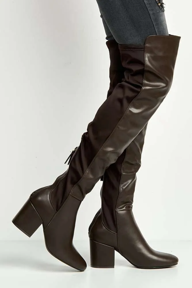Lira Elastic Back Gusset Low Heel Calf Boots in Brown