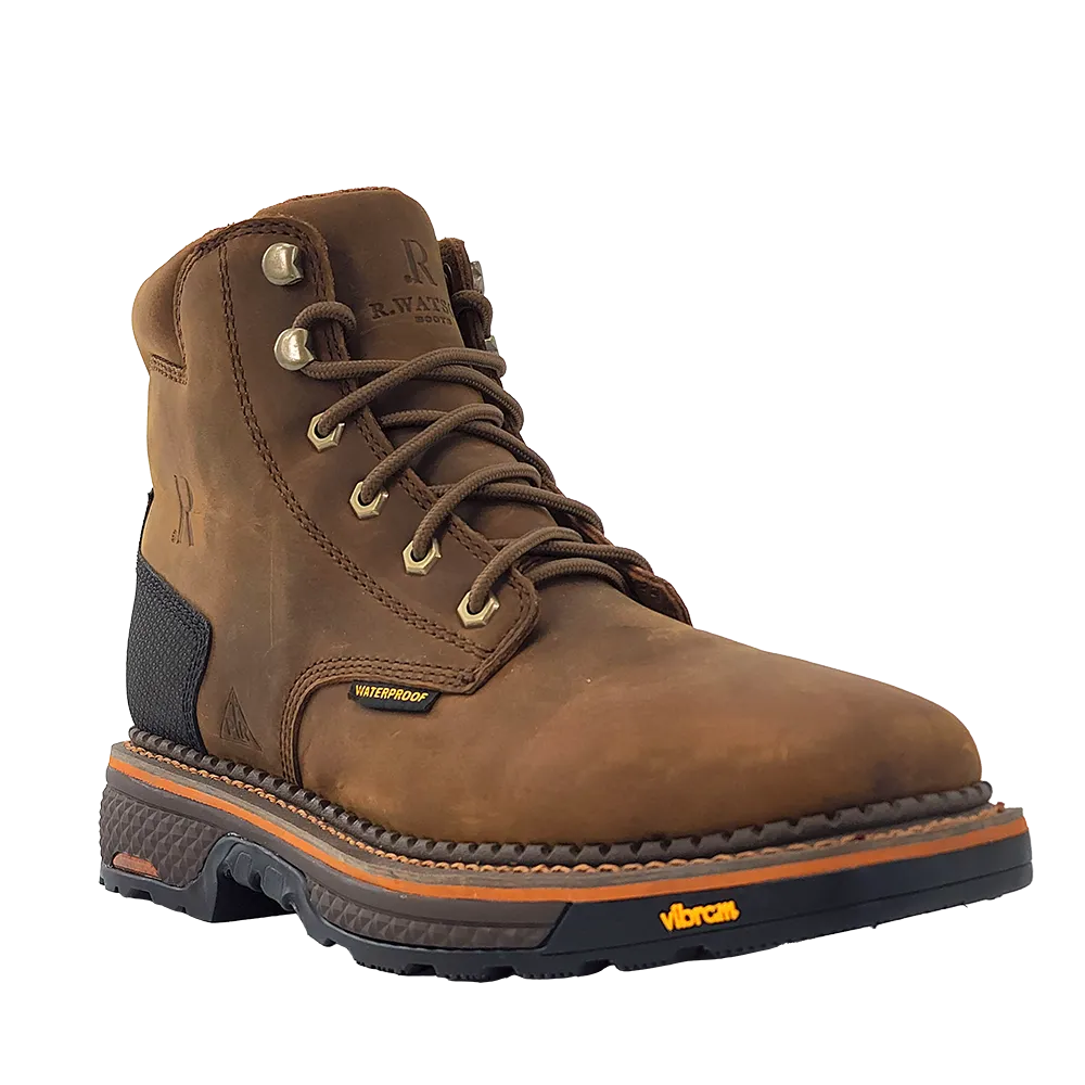 R.Watson Men's Brown Waterproof Broad Square Toe Lace Up Work Boots